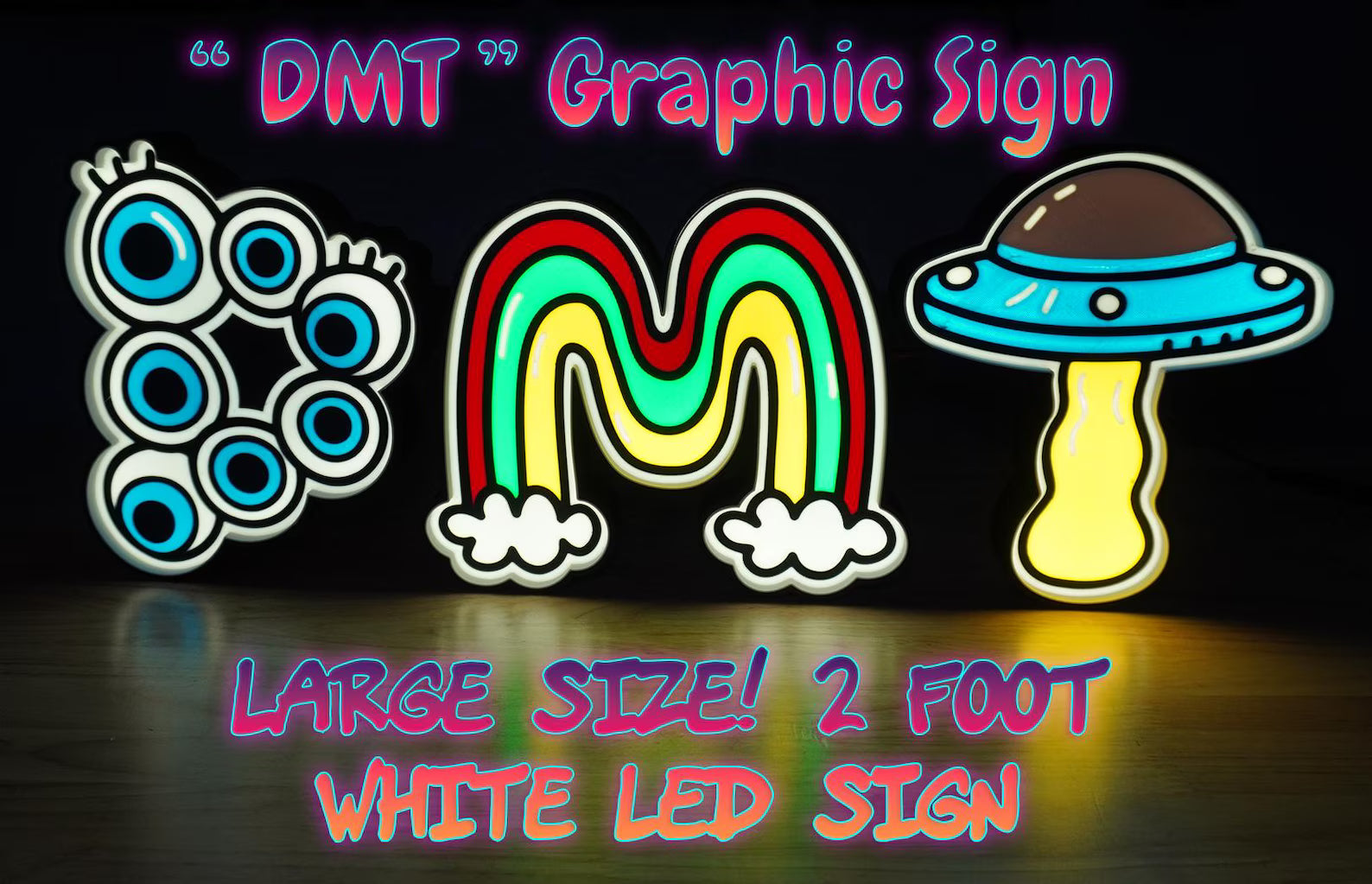 DMT Graphic LED Sign - Eyes Sky Rainbow Alien - Graphic Color 3D Print - White LEDs - Wall Decor, Quality Neon Wall Sign, Trippy Fun