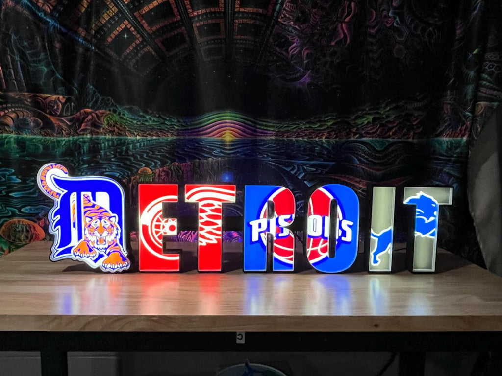 Detroit - Sport Teams big- Graphic 3D Printed LED Wall Sign - White LED - Huge Neon Sign - Sports Fan Gift, Mancave