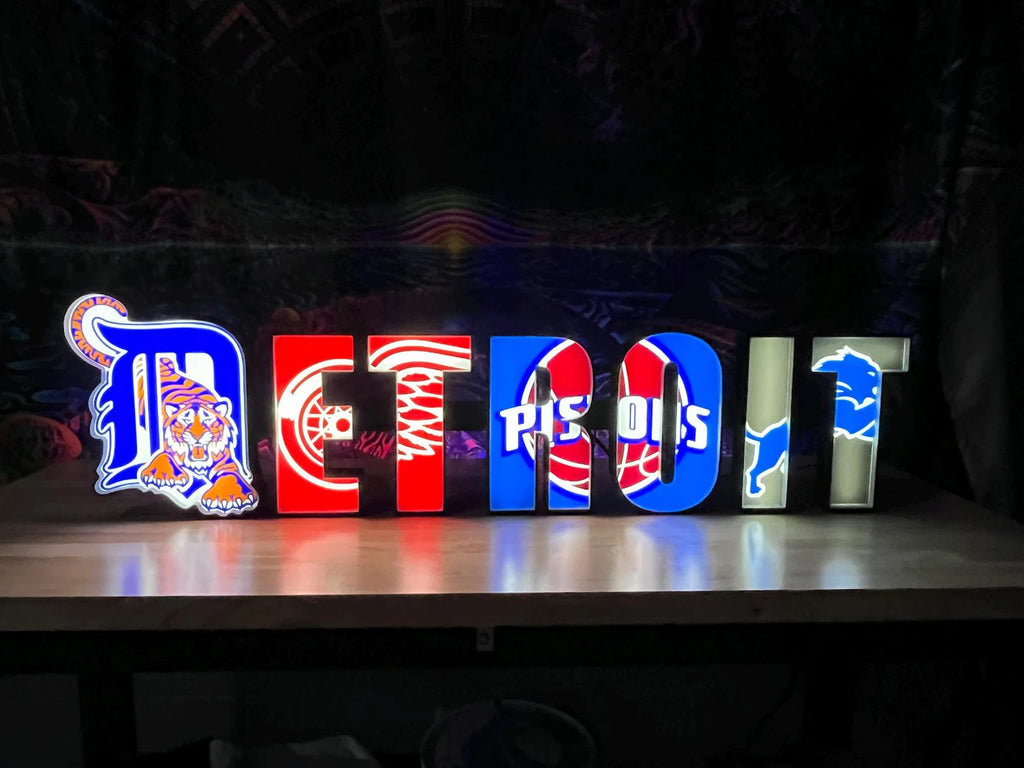 Detroit - Sport Teams big- Graphic 3D Printed LED Wall Sign - White LED - Huge Neon Sign - Sports Fan Gift, Mancave